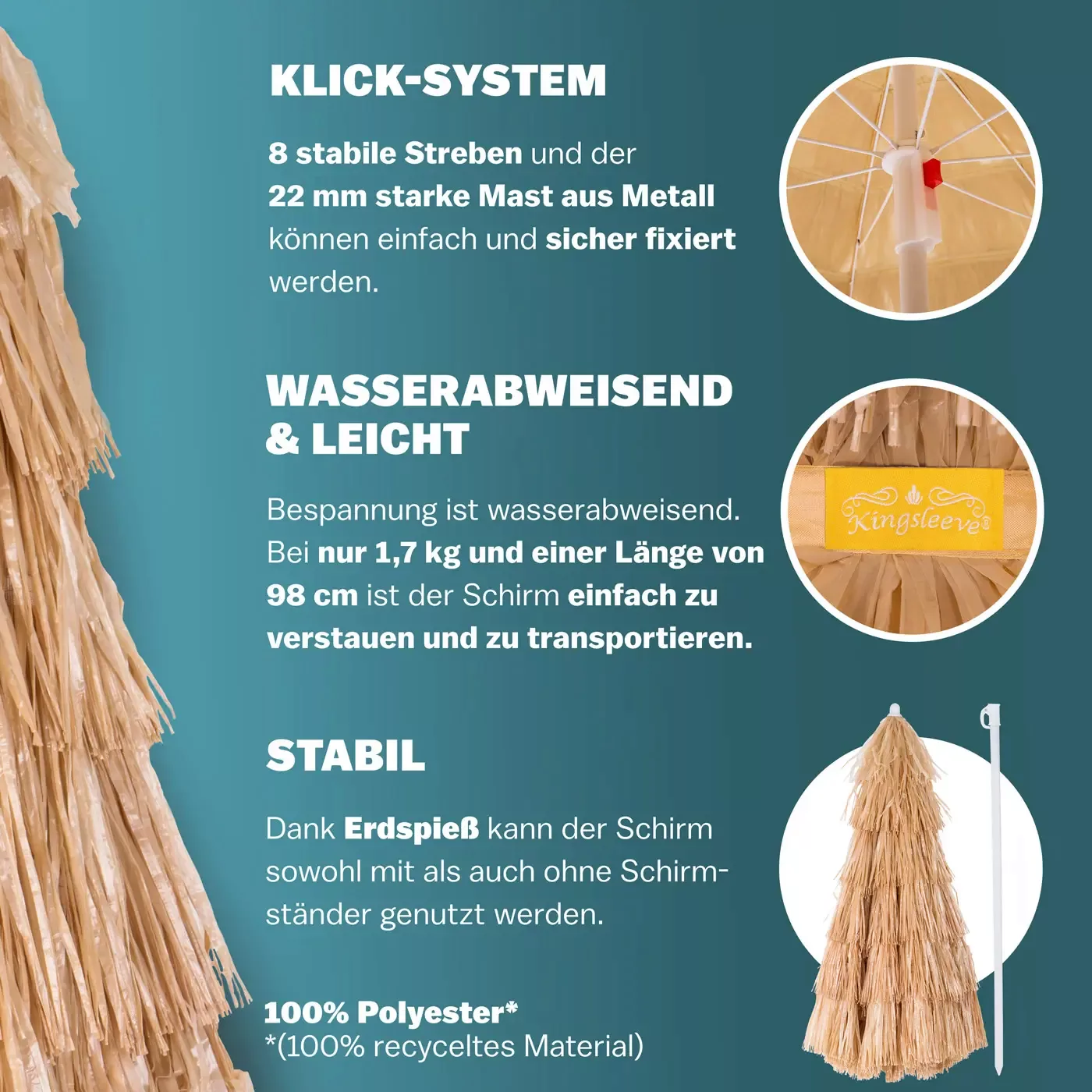 Kingsleeve Sonnenschirm, Hawaii Braun 160 cm günstig online kaufen