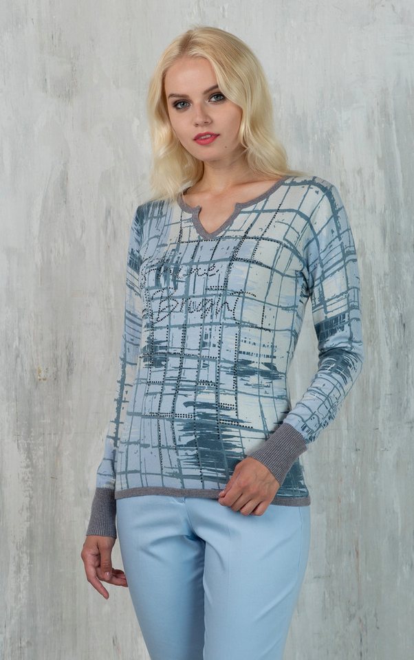 Passioni Strickpullover mit rundem V-Ausschnitt und abstraktem Druck günstig online kaufen