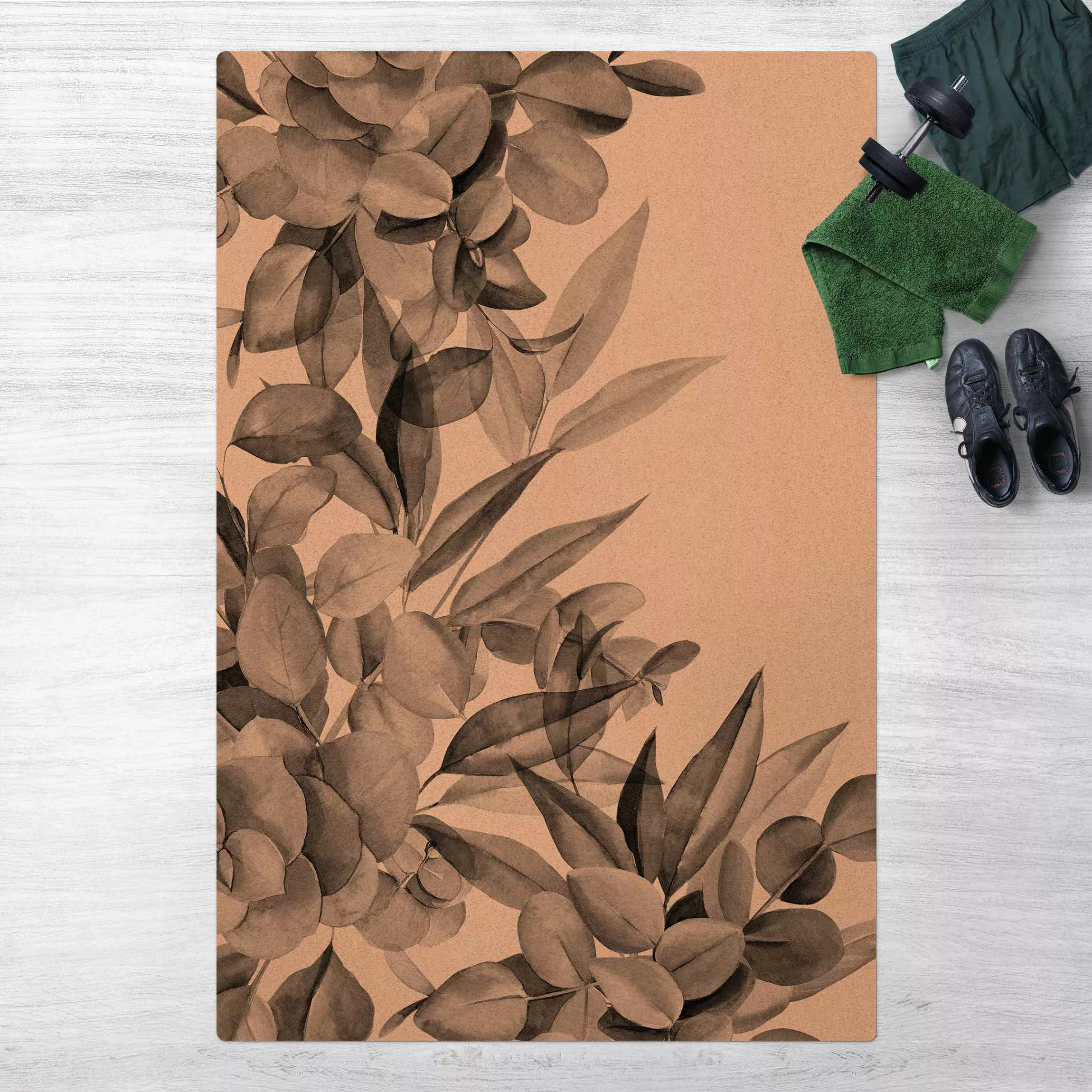Kork-Teppich Dickicht Eukalyptusblätter Aquarell Schwarz günstig online kaufen