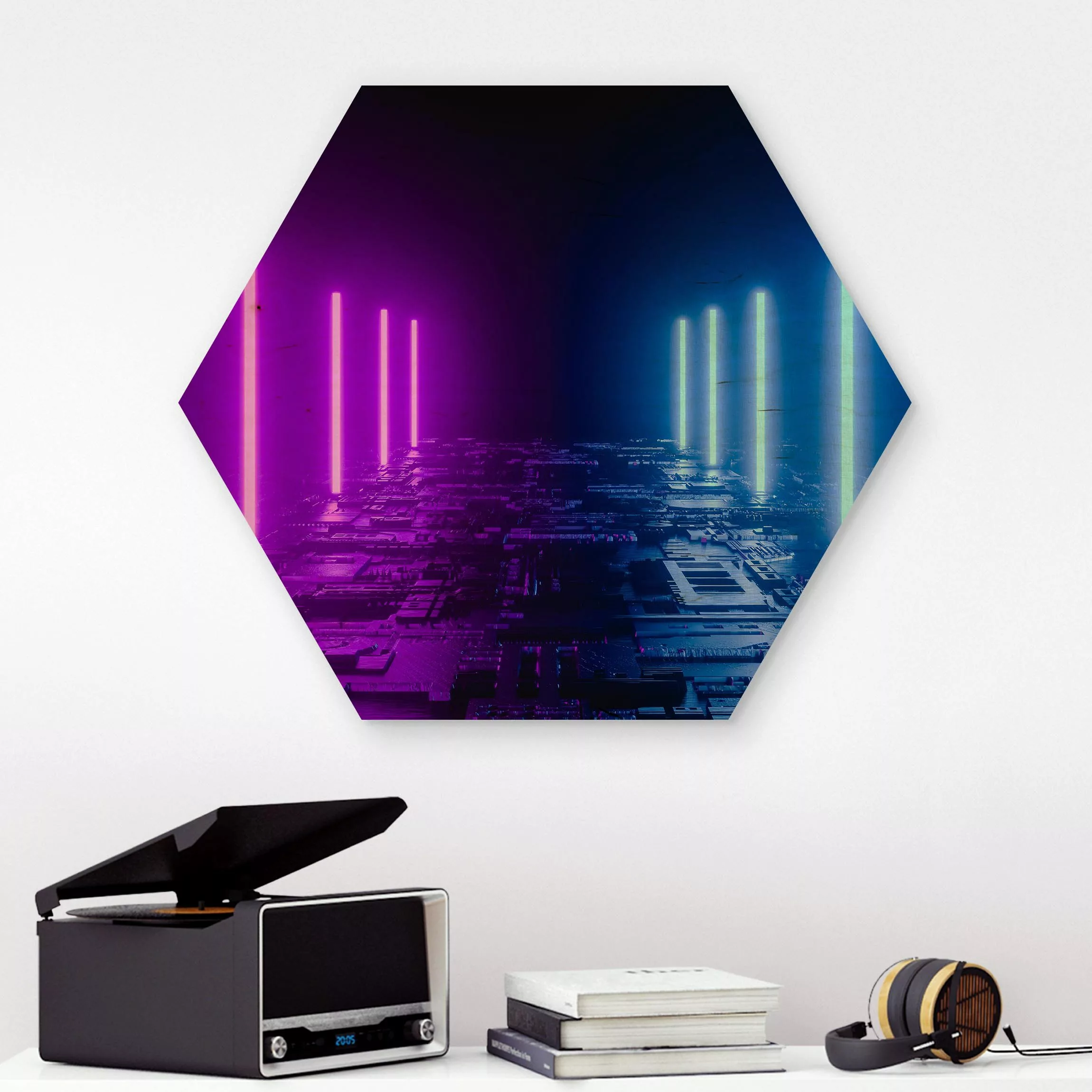 Hexagon-Holzbild Neonlichter in Lila und Blau günstig online kaufen