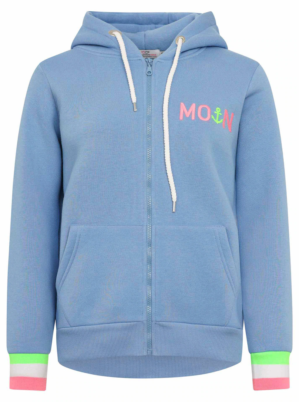 Zwillingsherz Sweatjacke mit gesticktem "Moin" und neonfarbenen Details günstig online kaufen