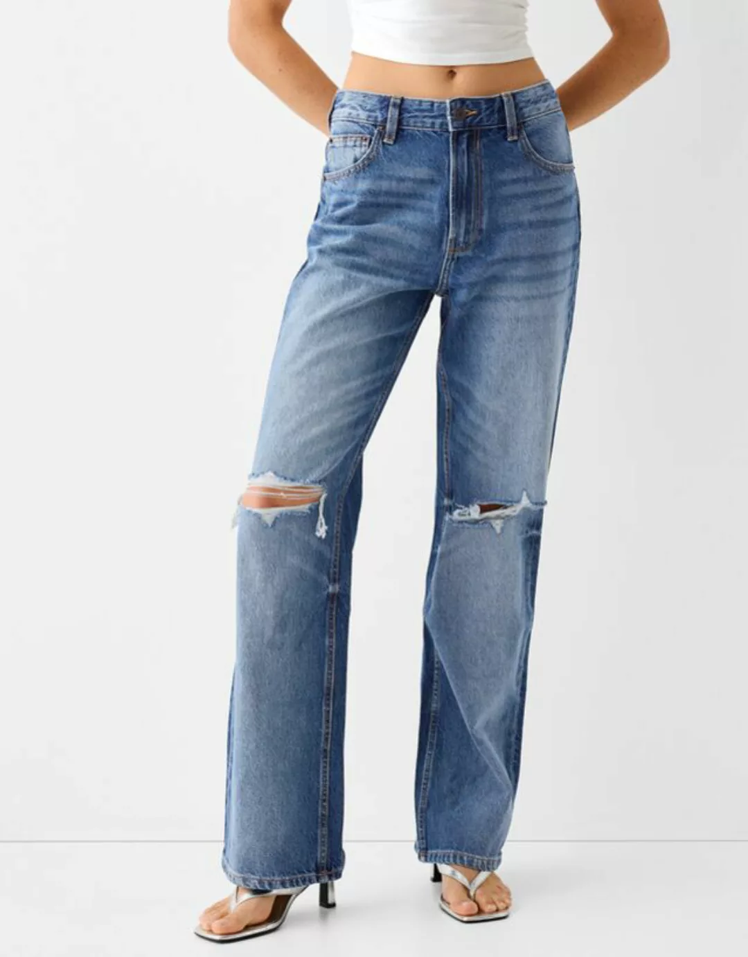 Bershka Wide Leg 90'S Jeans Mit Rissen Damen 36 Blau günstig online kaufen