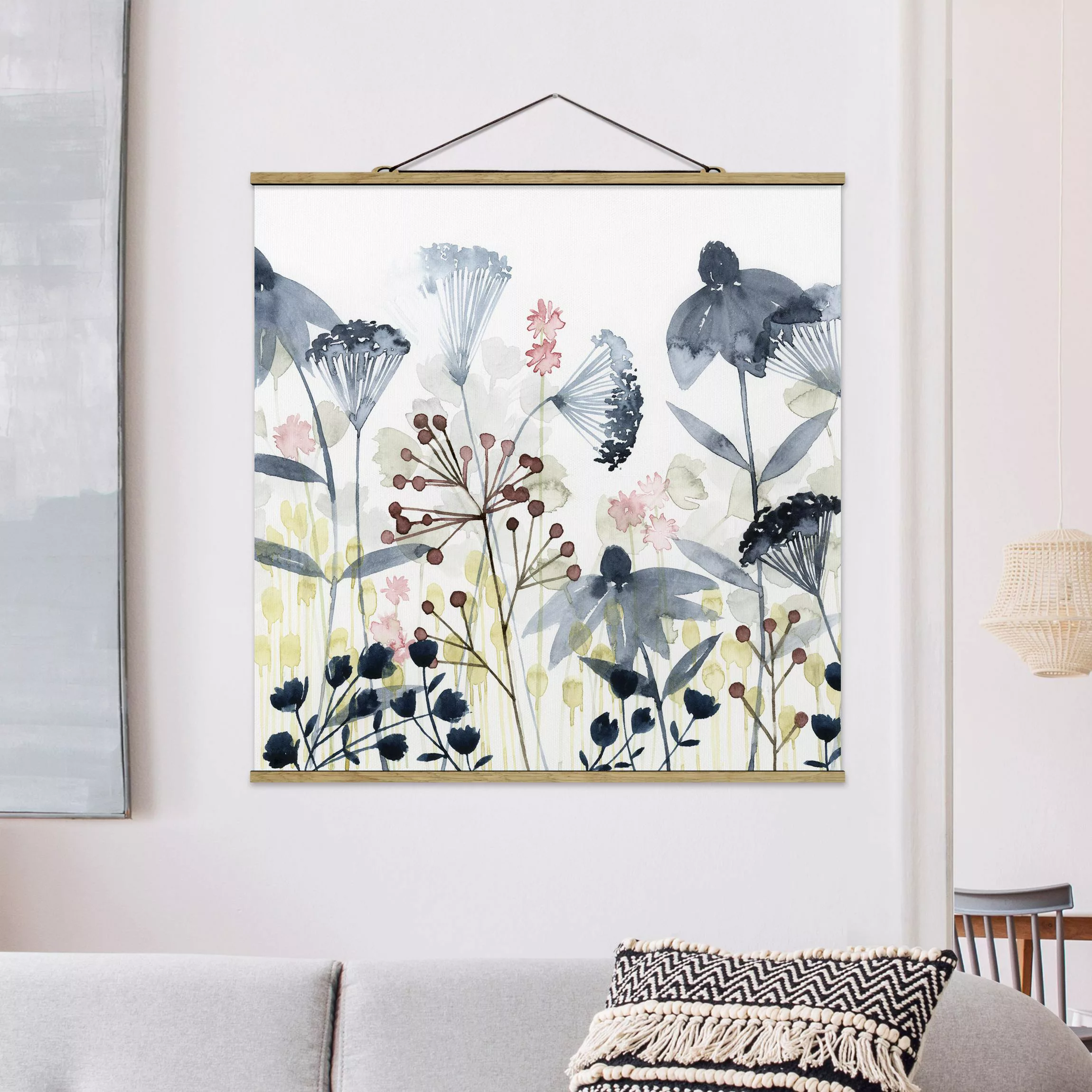 Stoffbild Blumen mit Posterleisten - Quadrat Wildblumen Aquarell I günstig online kaufen