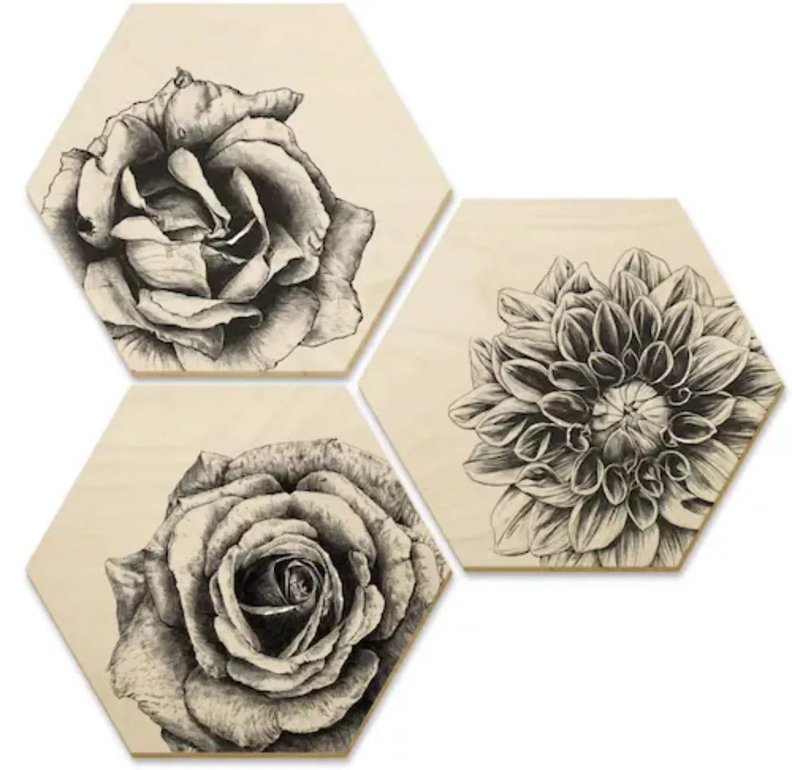 Wall-Art Mehrteilige Bilder "Hexagon Holzbilder Blumen Set", (Set, 3 St.), günstig online kaufen
