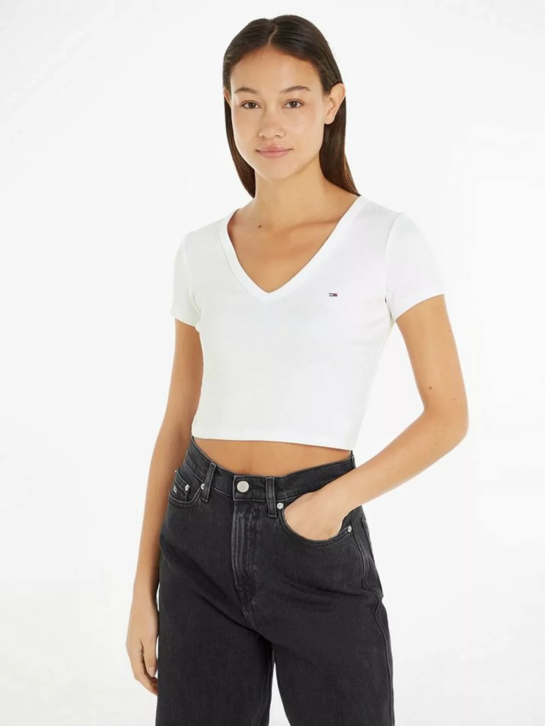 Tommy Jeans T-Shirt TJW SLIM CRP ESSENTIAL RIB V SS in Rippoptik günstig online kaufen