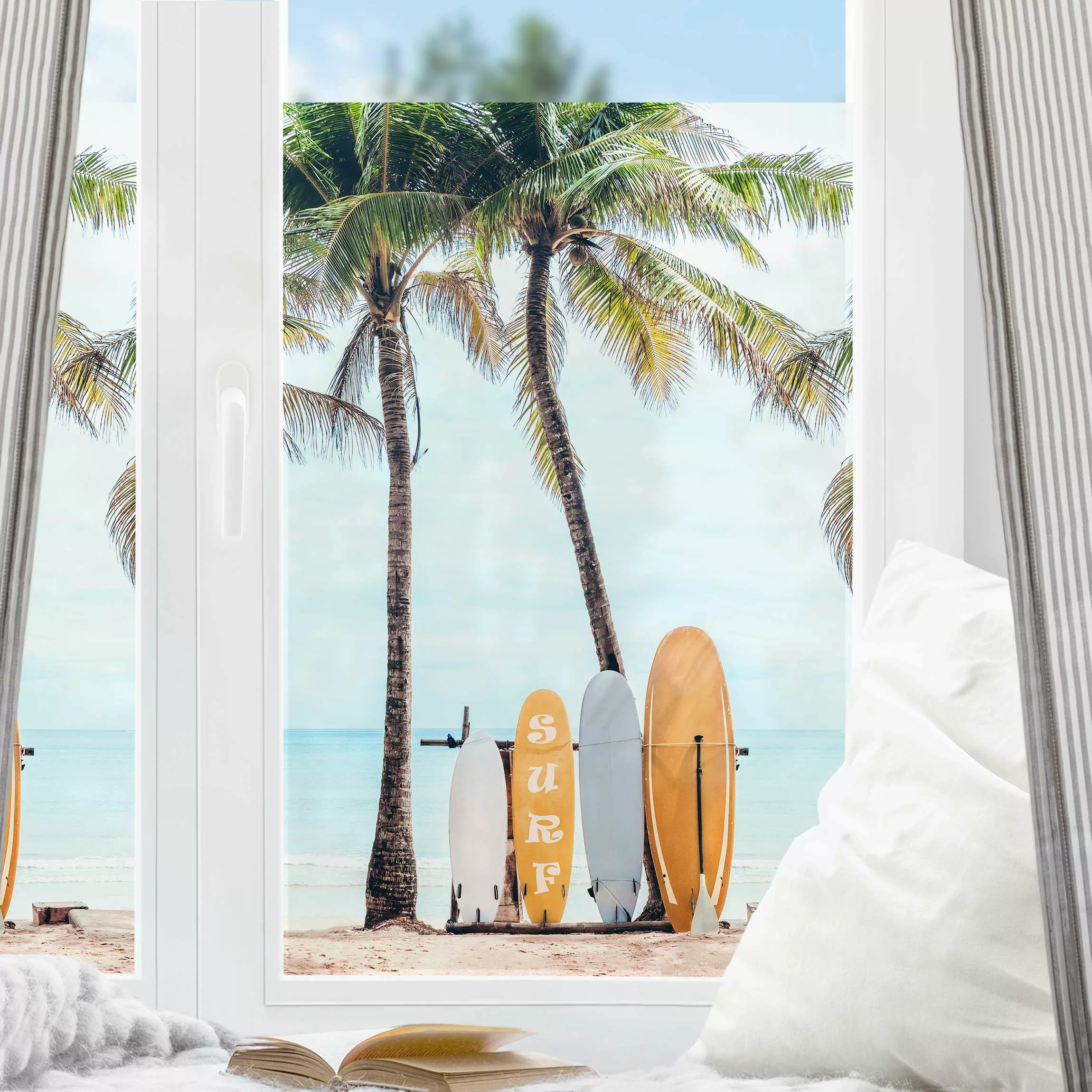 Fensterfolie Gelbe Surfboards unter Palmen günstig online kaufen