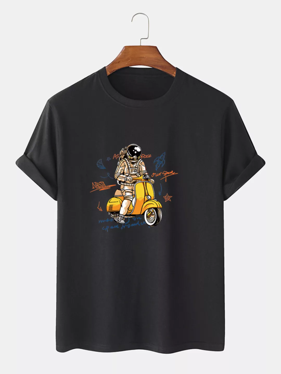 Herren 100% Baumwolle Cartoon Astronaut Print Dünne O-Ausschnitt T-Shirts günstig online kaufen