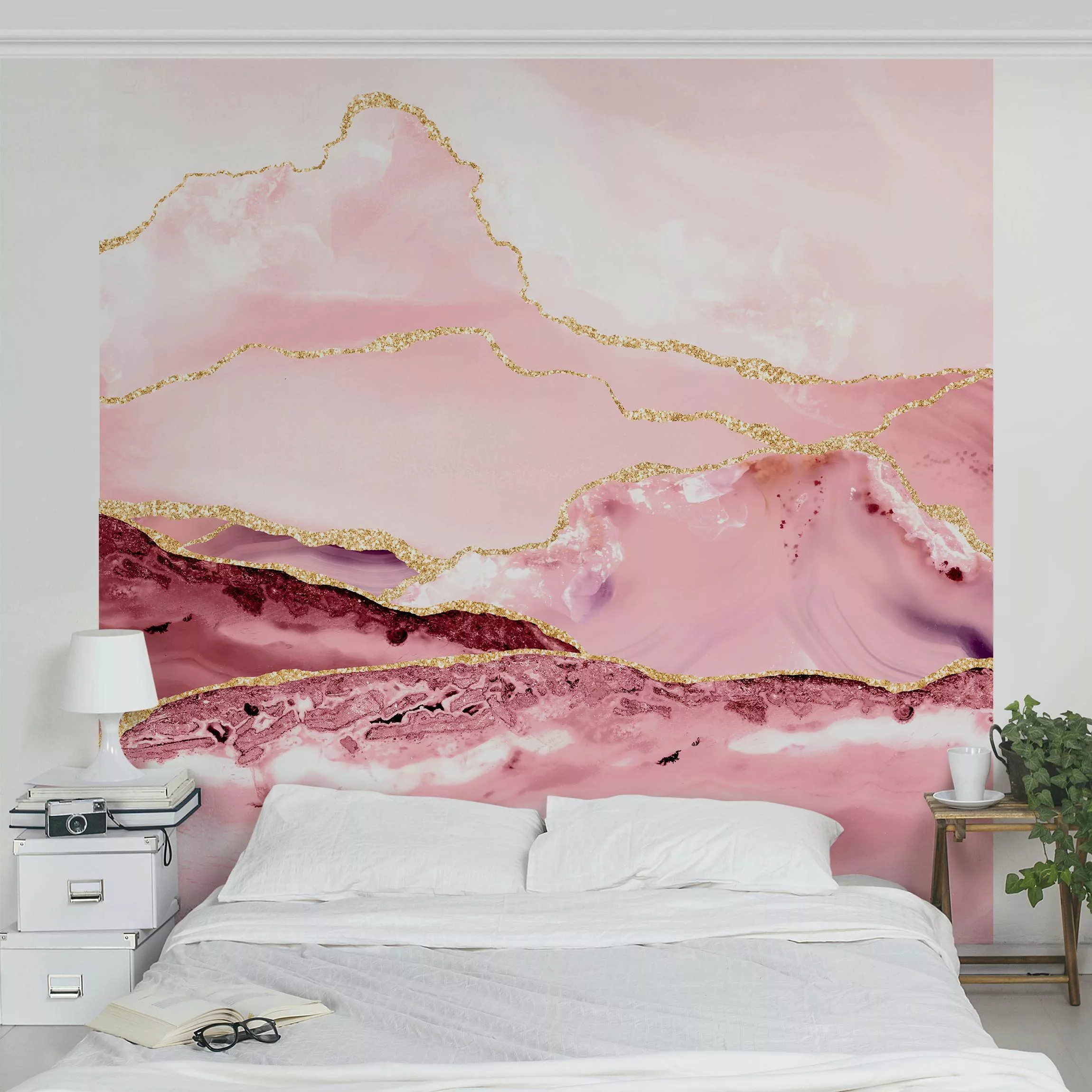 Fototapete Abstrakte Berge Rosa mit Goldenen Linien günstig online kaufen