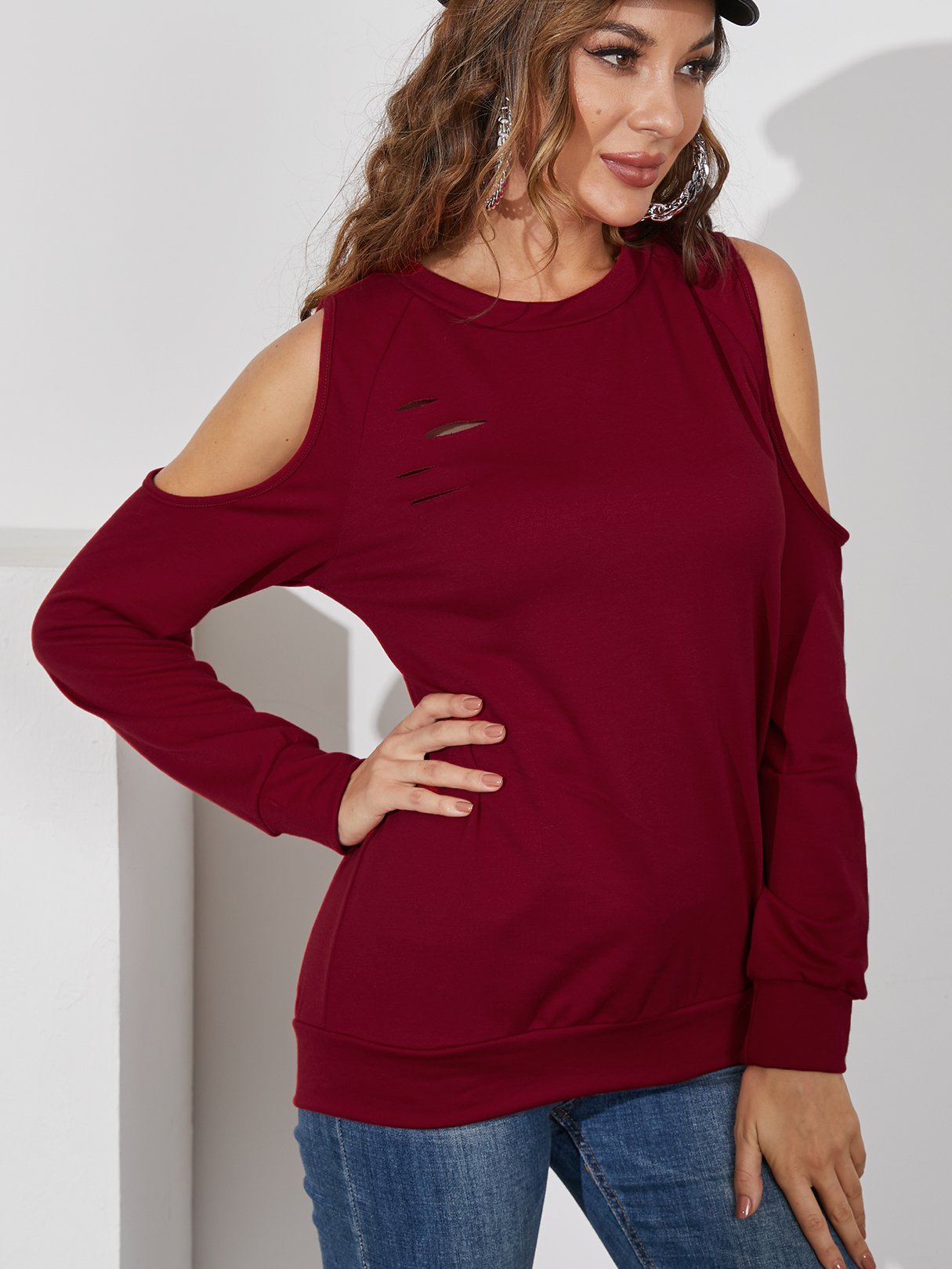 YOINS zerrissenes Cold Shoulder Long Sleeves Sweatshirt günstig online kaufen