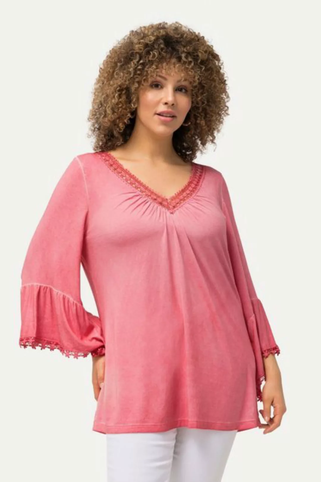 Ulla Popken Rundhalsshirt T-Shirt cold dyed Spitze V-Ausschnitt 3/4-Arm günstig online kaufen