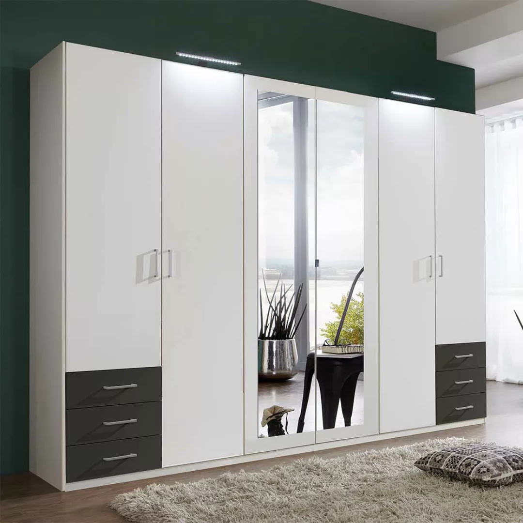 XL Schlafzimmerkleiderschrank in Weiß und Dunkelgrau Spiegeltüren günstig online kaufen