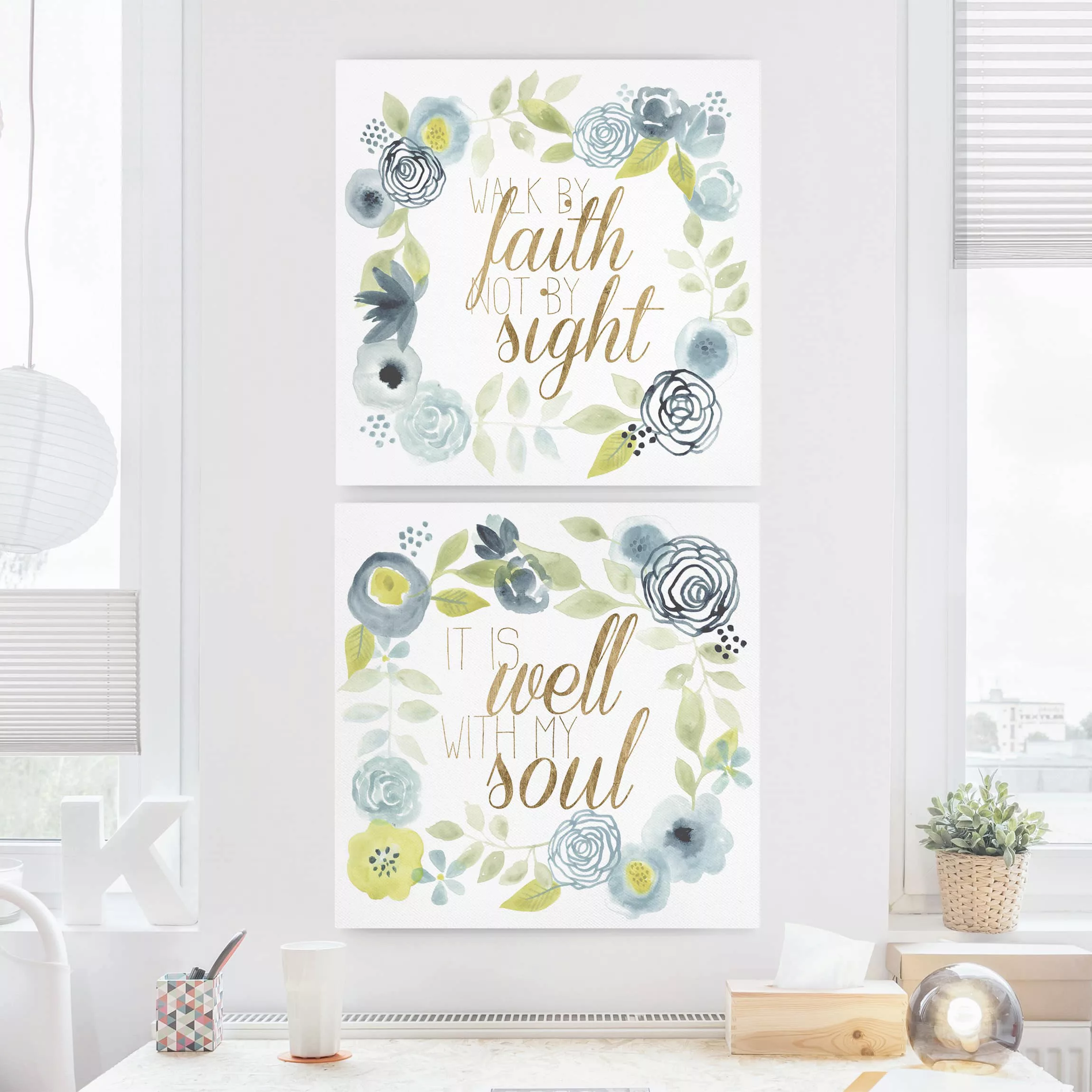 2-teiliges Leinwandbild Spruch - Quadrat Blumenkranz mit Spruch Set I günstig online kaufen