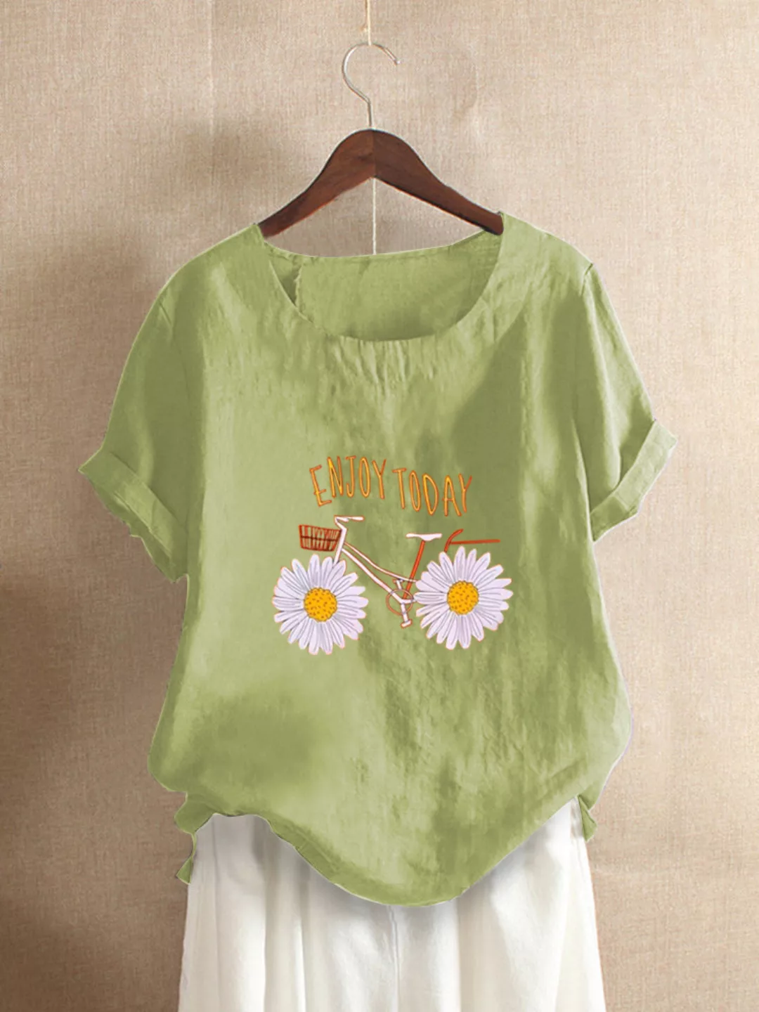Daisy Flower Printed Letters Kurzarm-T-Shirt mit O-Ausschnitt günstig online kaufen