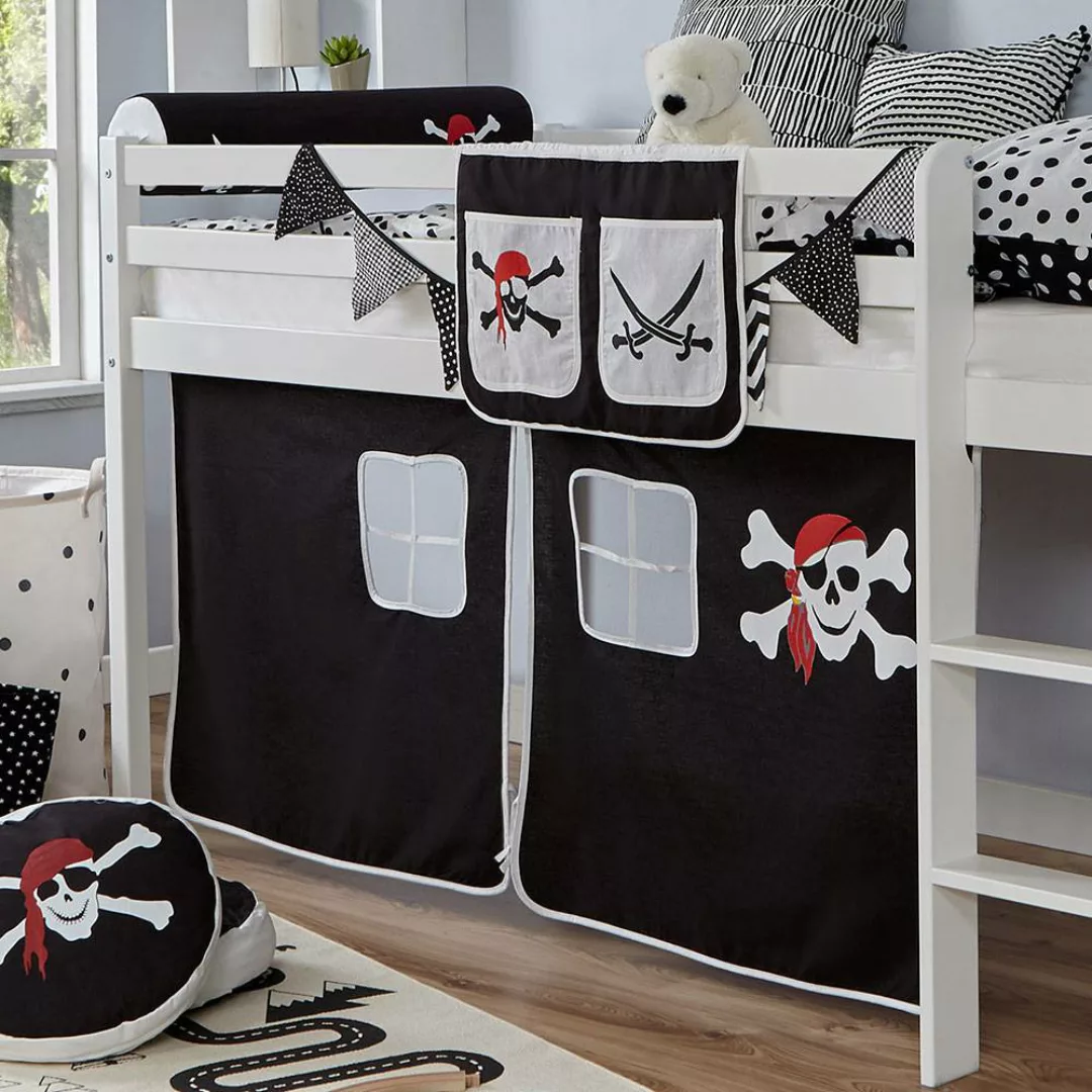 Kinderhochbett aus Buche Massivholz in Weiß Piraten Motiv günstig online kaufen