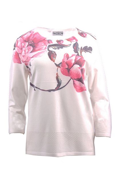 Passioni 3/4 Arm-Pullover Weißer Pullover mit pinkem Blumenprint und perfor günstig online kaufen