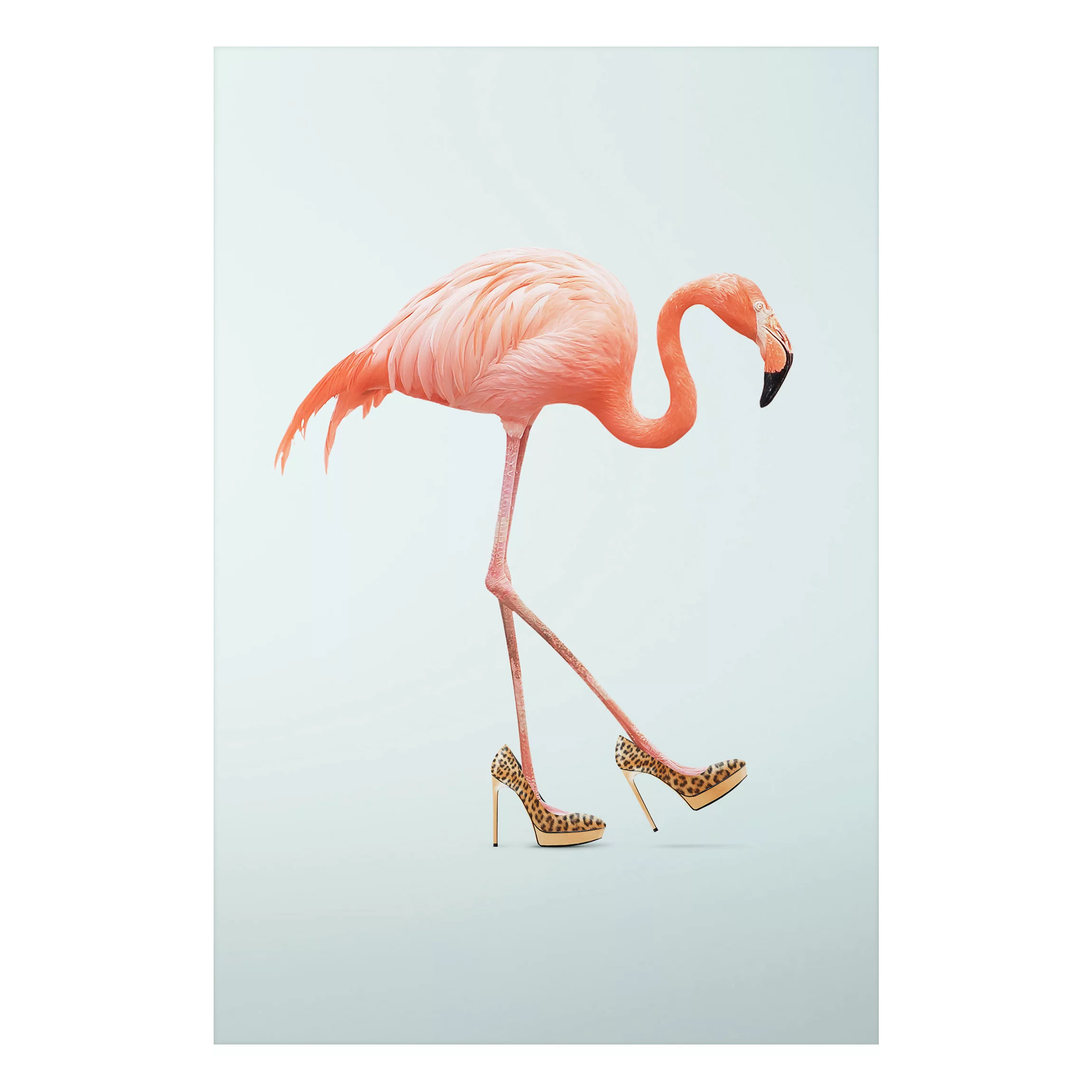 Alu-Dibond Bild Kunstdruck - Hochformat 2:3 Flamingo mit High Heels günstig online kaufen