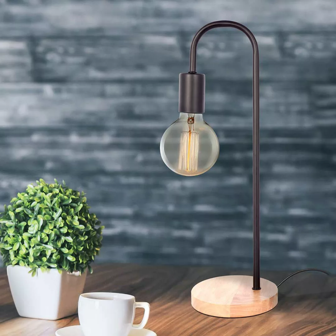 Tischlampe aus Metall und Massivholz Schwarz und Holz Naturfarben günstig online kaufen