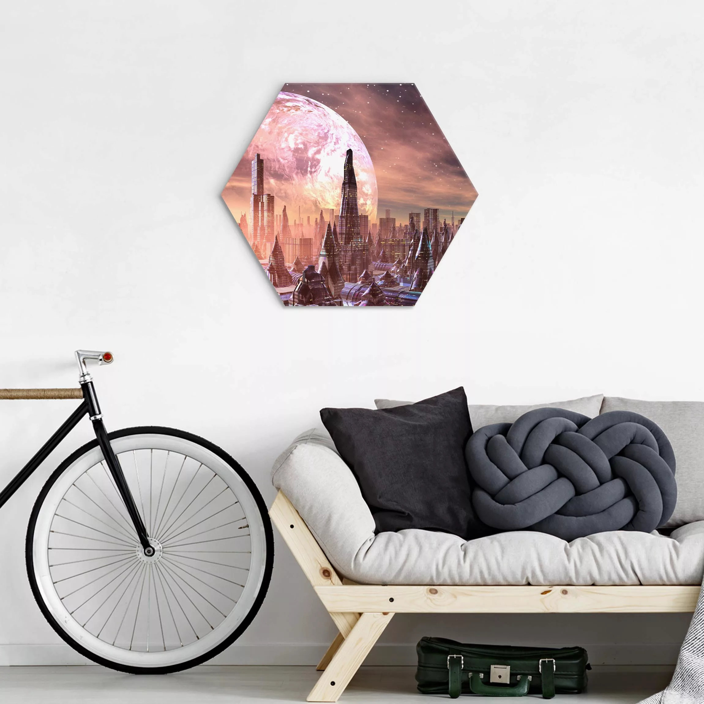 Hexagon-Alu-Dibond Bild Sci-Fi Stadt mit Planeten günstig online kaufen