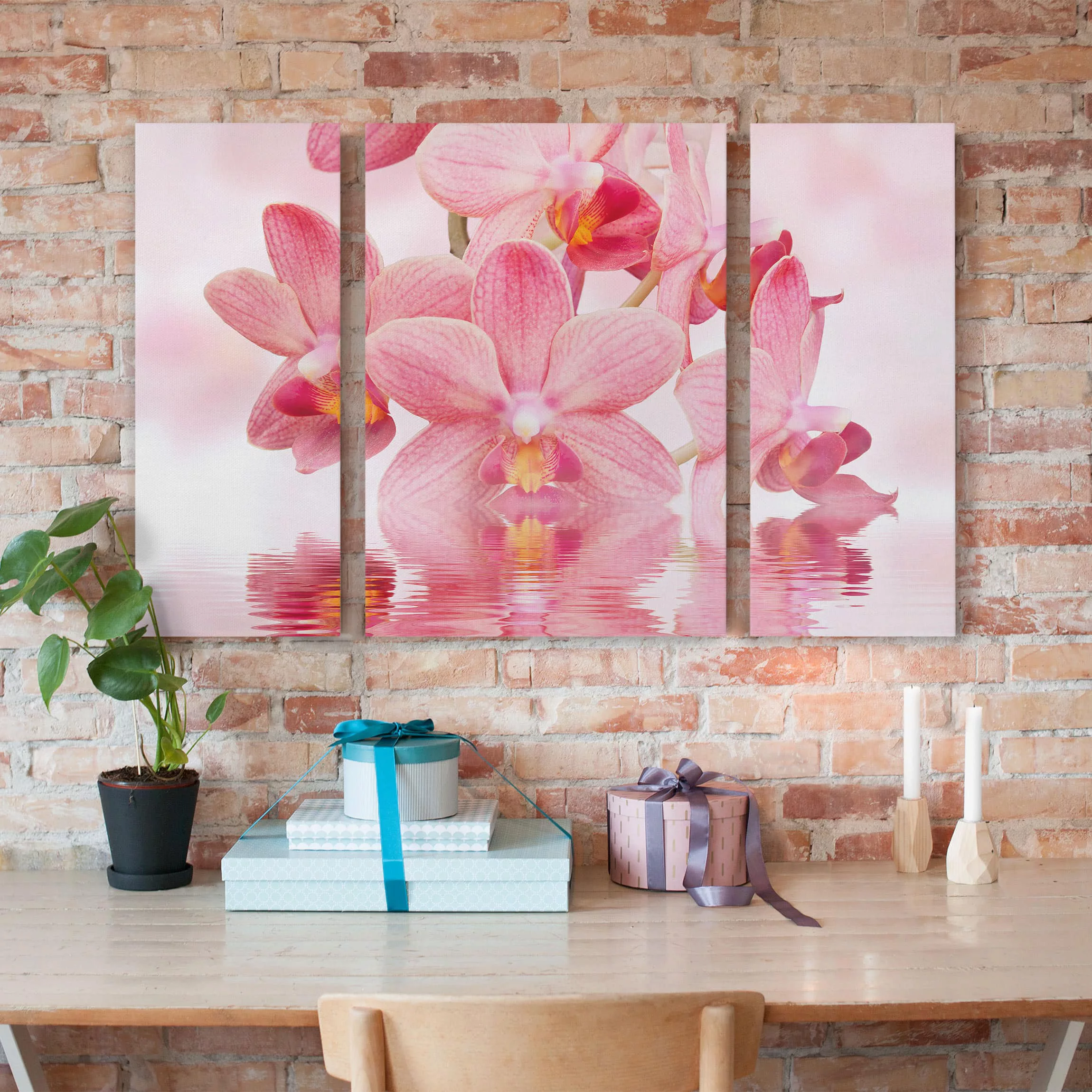 3-teiliges Leinwandbild Blumen - Querformat Rosa Orchideen auf Wasser günstig online kaufen