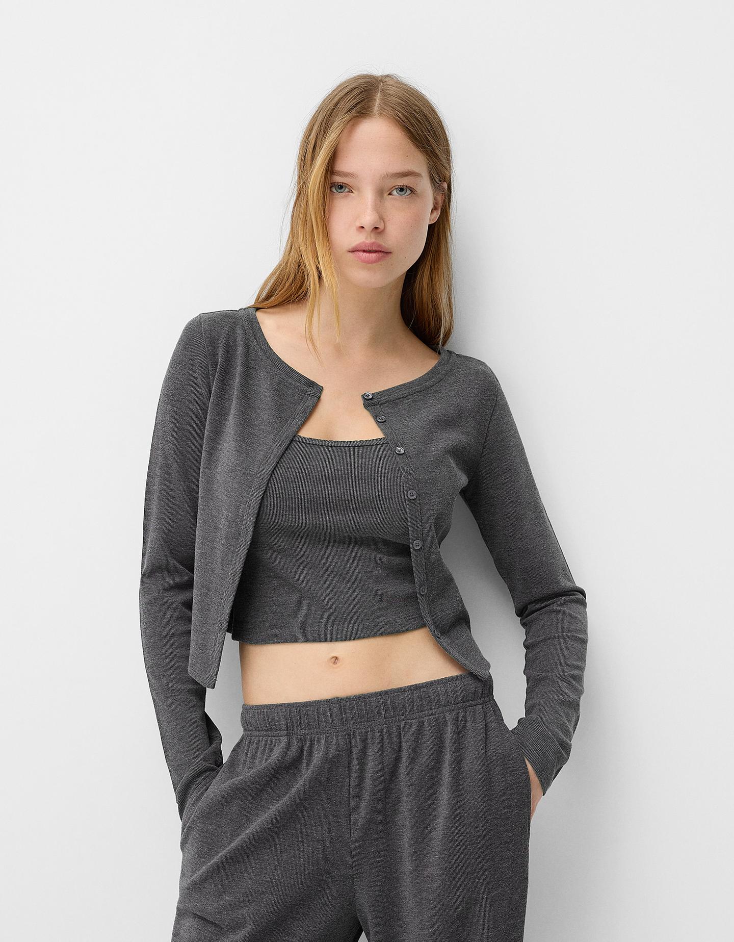 Bershka Strickjacke Mit Top Und Knöpfen Damen M Dunkelgrau günstig online kaufen