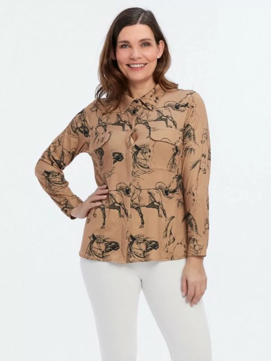 Sarah Kern Hemdbluse Shirt figurumspielend mit Pferdedruck günstig online kaufen