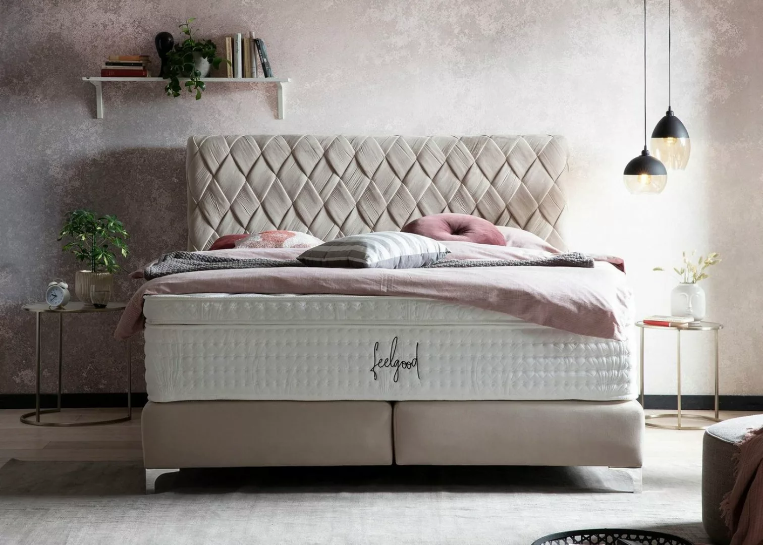 BettCo Boxspringbett Lyon (in Creme Velours, 180 x 200 cm), Kopfteil handge günstig online kaufen