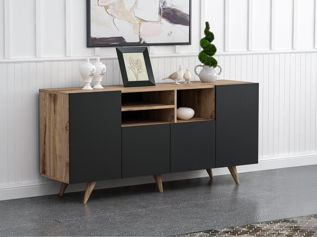 Sideboard mit 4 Türen & 3 Regalfächern - Schwarz & Holzfarben - MOSTIA günstig online kaufen