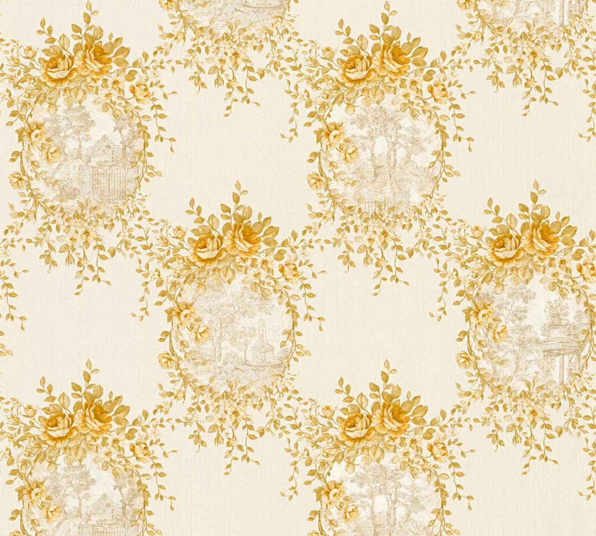 Bricoflor Vintage Tapete Gold Gelb Blumen Vliestapete mit Rosen im Landhaus günstig online kaufen