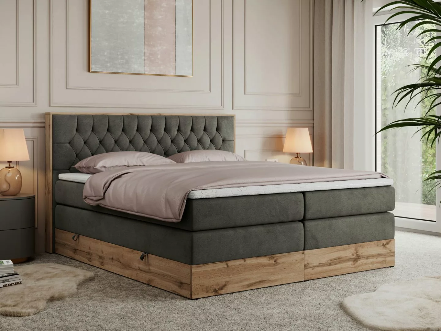 MKS MÖBEL Boxspringbett AMORE KING (Set, Holzrahmen in Eiche-Optik, Topper günstig online kaufen