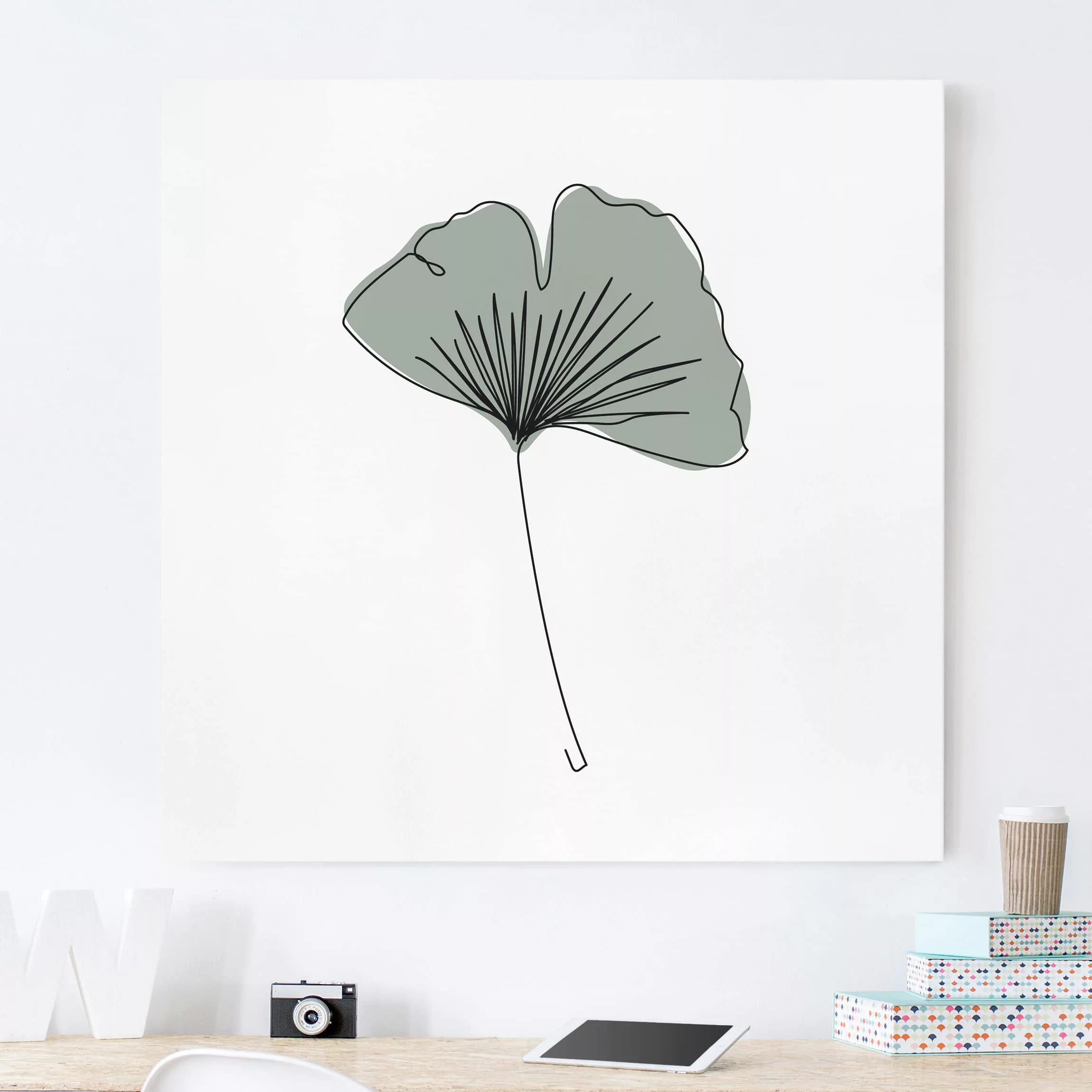 Leinwandbild Blumen - Quadrat Gingko Blatt Line Art günstig online kaufen