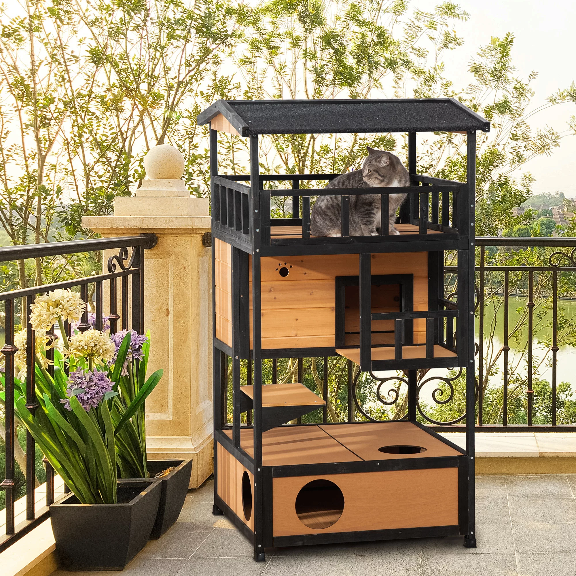 PawHut Katzenhaus, Tannenholz, Katzenhütte für draußen mit Terrasse, Katzen günstig online kaufen