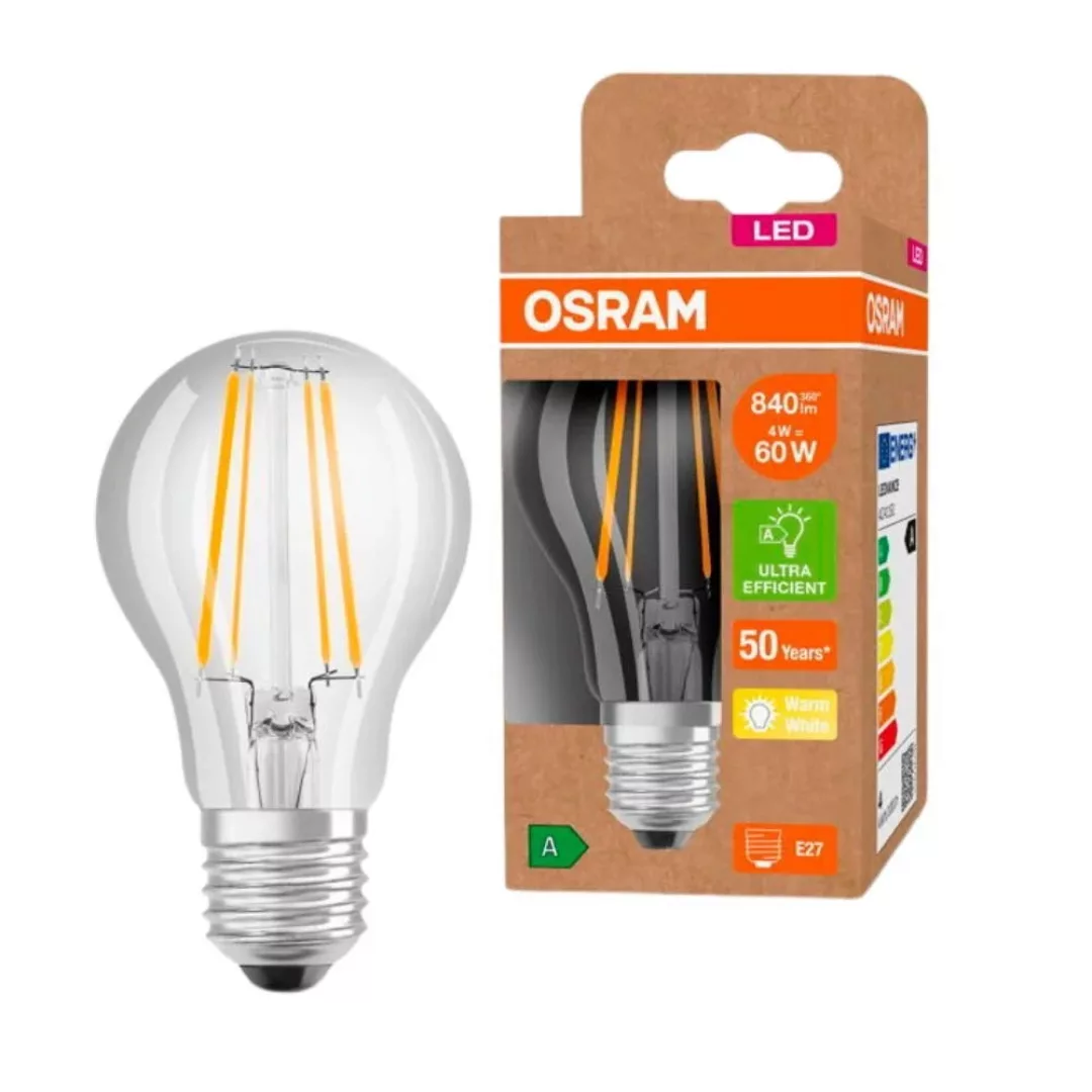 Osram LED Lampe ersetzt 60W E27 Birne - A60 in Transparent 4W 840lm 3000K 1 günstig online kaufen