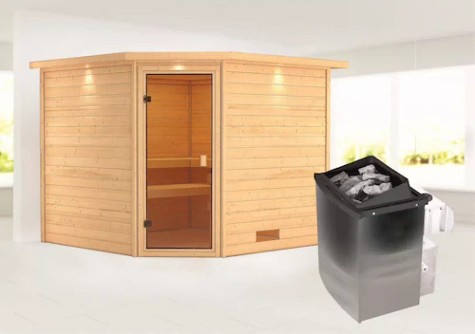Karibu Sauna »"Leona" mit Kranz und bronzierter Tür Ofen 9 kW integr. Strg« günstig online kaufen