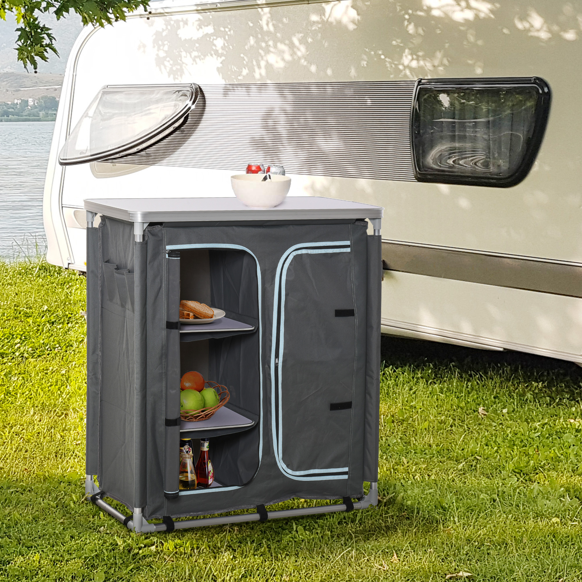 Outsunny Campingschrank Küchenbox tragbar mit Arbeitsplatte Tragetasche 3 A günstig online kaufen