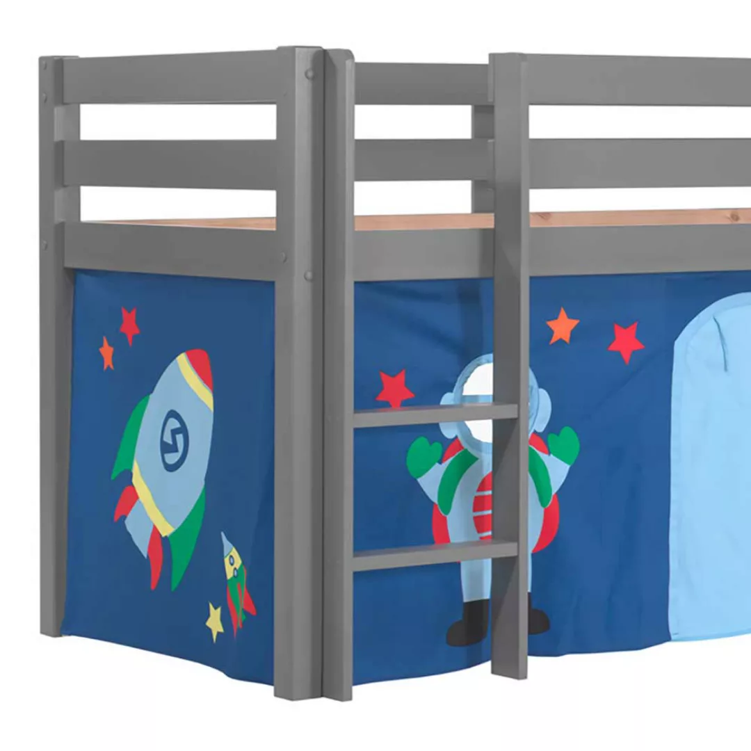 Kinderzimmerbett in Grau und Blau Rutsche und Vorhang günstig online kaufen