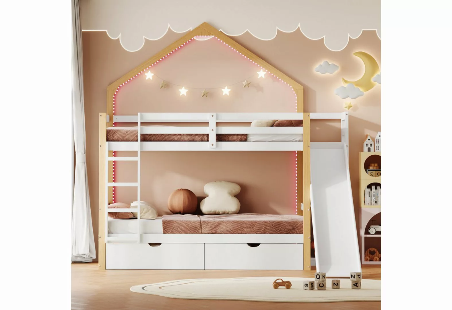 Flieks Etagenbett, Massivholzbett Hausbett 90x200cm mit Lichtstreifen und 2 günstig online kaufen