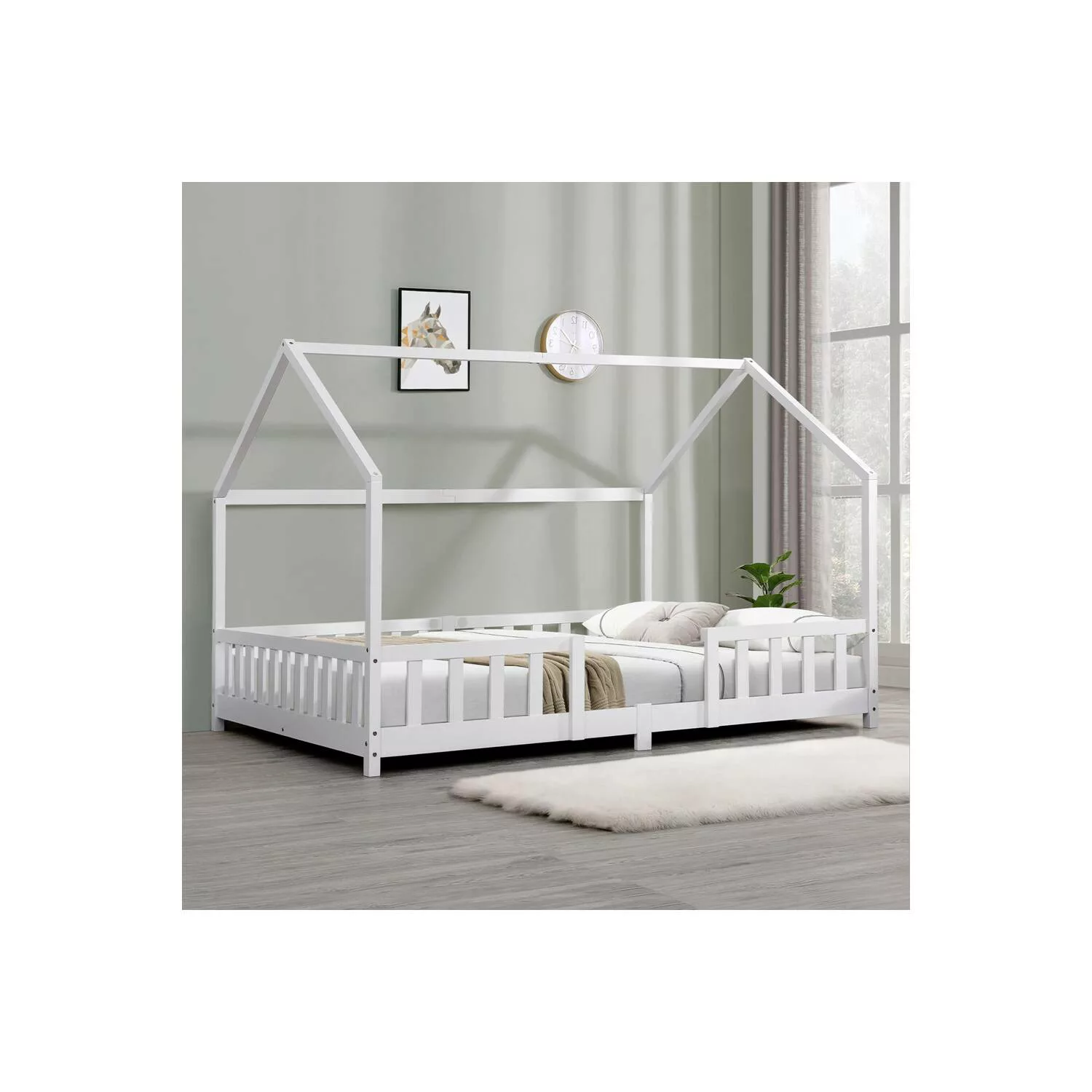 Kinderbett in Hausoptik weiß SORO-100 Liegefläche 120x200 cm mit Rausfallsc günstig online kaufen