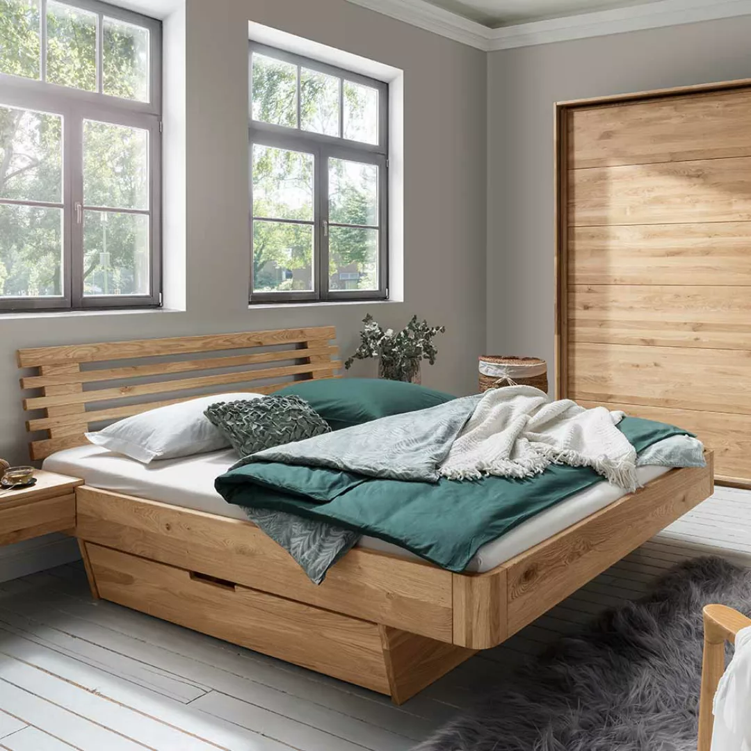 Stauraum Bett aus Wildeiche Massivholz geölt günstig online kaufen