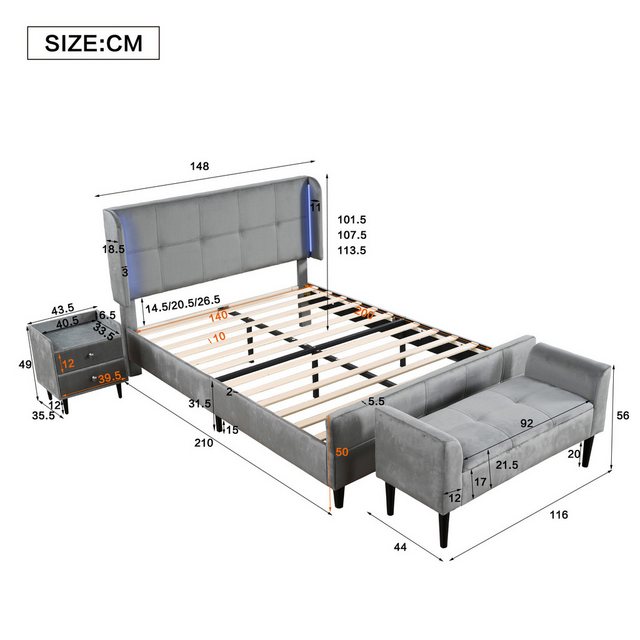 IDEASY Polsterbett Modernes Design Polsterbett + 1x Nachttisch+ Betthocker, günstig online kaufen