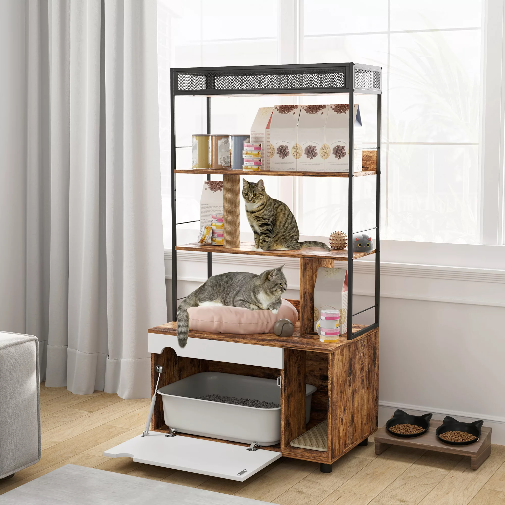PawHut 2-in-1 Katzenklo Schrank, Katzenklo mit 3-Ebenen-Regal, Kratzpfosten günstig online kaufen