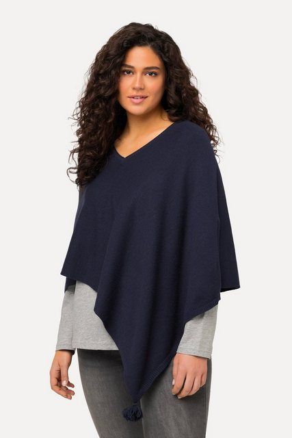 Ulla Popken Strickpullover Strick-Poncho Zipfelsaum Quaste V-Ausschnitt günstig online kaufen