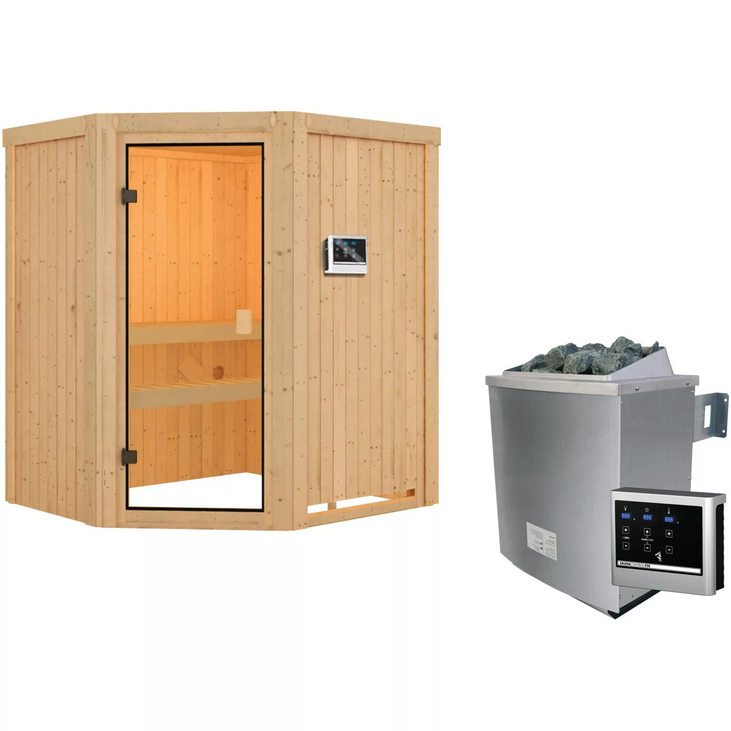 Woodfeeling Sauna Faurin inkl. 9 kW Ofen mit ext. Strg., Glastür Bronziert günstig online kaufen