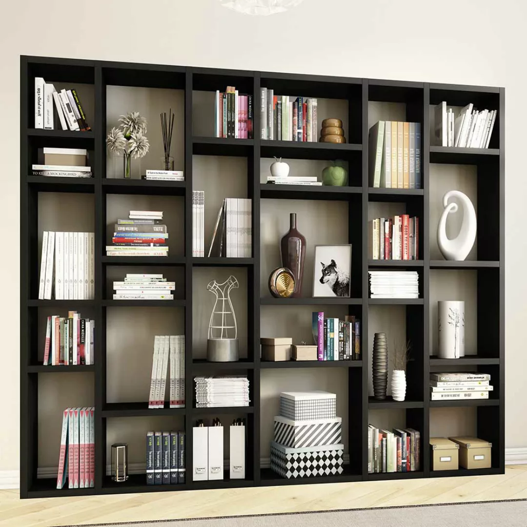 Wohnzimmer Regalwand in Eiche Schwarz Braun Made in Germany günstig online kaufen