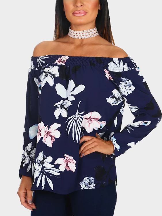 Navy Random Floral Print Off Schulter Langarm Bluse günstig online kaufen