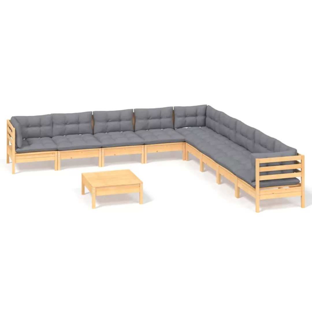 10-tlg. Garten-lounge-set Mit Grauen Kissen Kiefer Massivholz günstig online kaufen