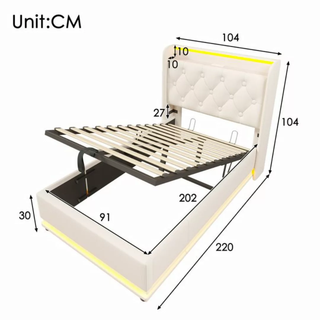 KoDise Polsterbett mit USB Typ-C Ladefunktion, LED Funktion 90x200cm, weiß günstig online kaufen