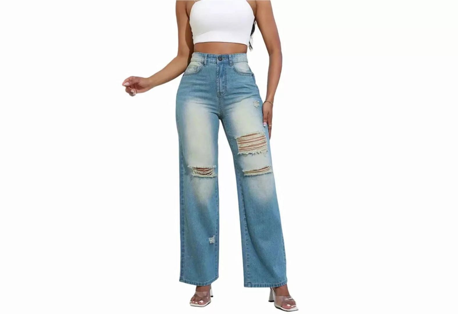 Zoclack 5-Pocket-Jeans Damen Loose-fit Retro Jeans mit Hohem Bund und Risse günstig online kaufen