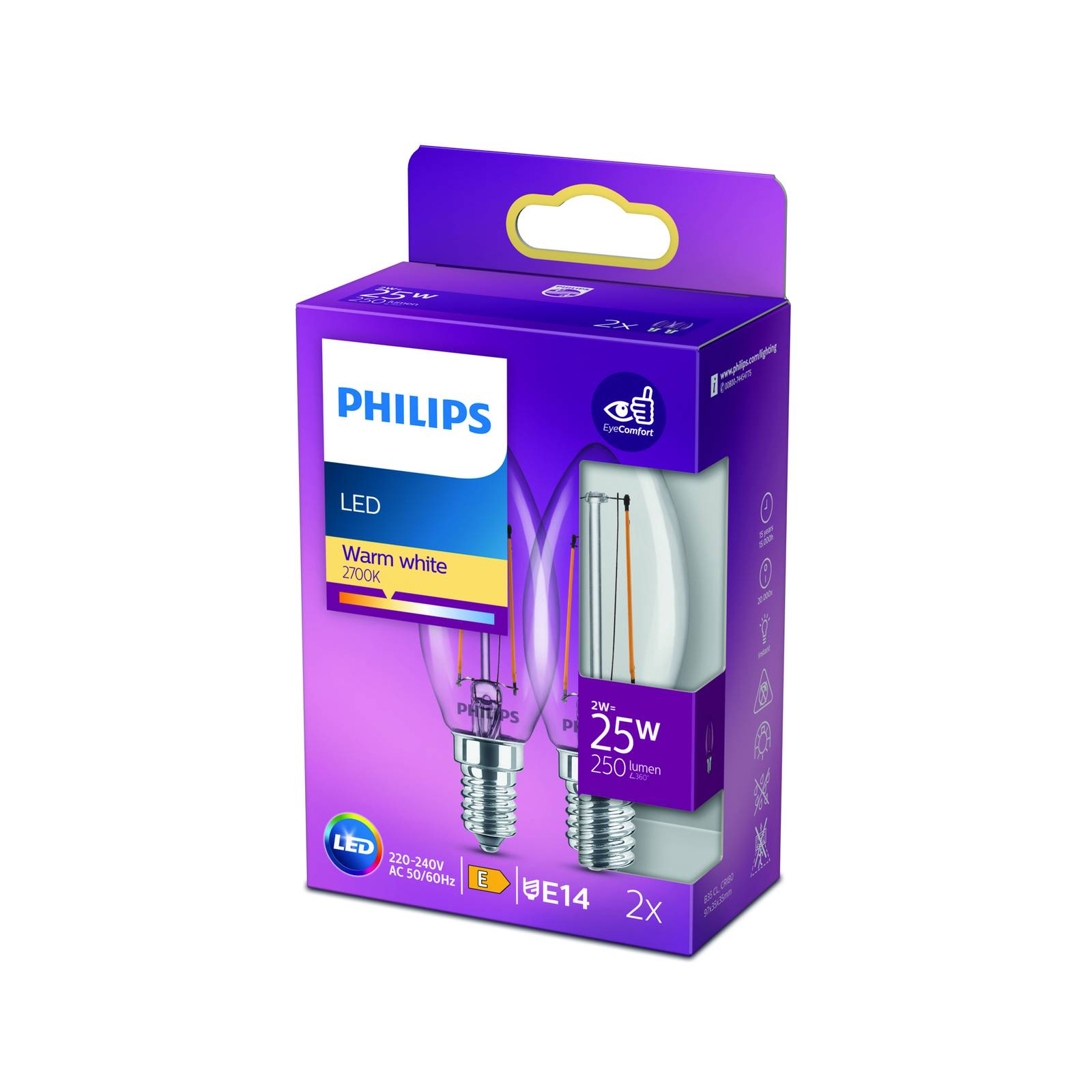 Philips LED-Leuchtmittel E14 Kerzenform 2 W 250 lm 2er Set 9,7 x 3,5 cm (H günstig online kaufen