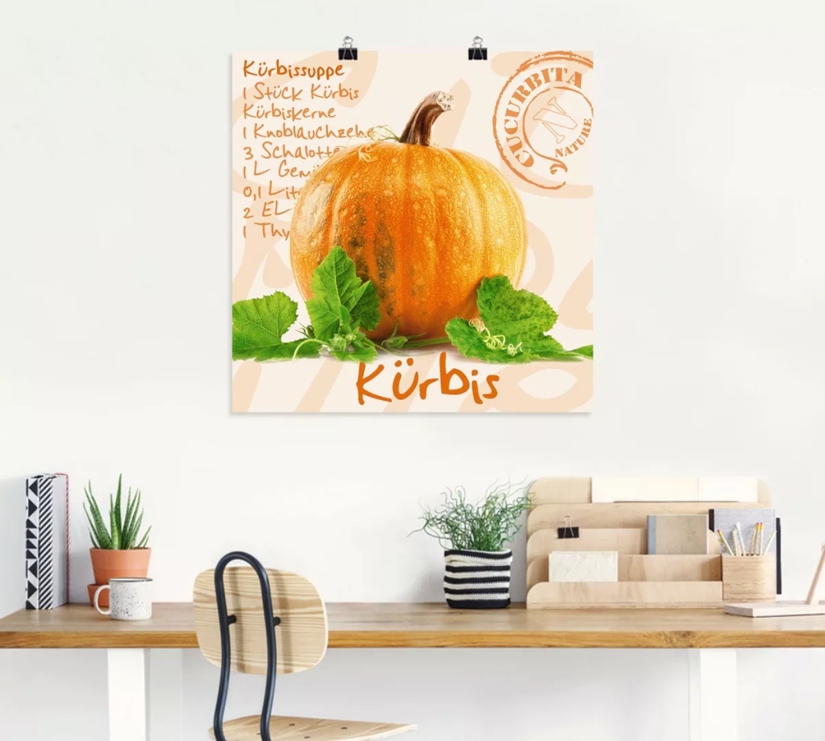 Artland Wandbild "Gelber Kürbis mit grünen Blättern", Lebensmittel, (1 St.) günstig online kaufen