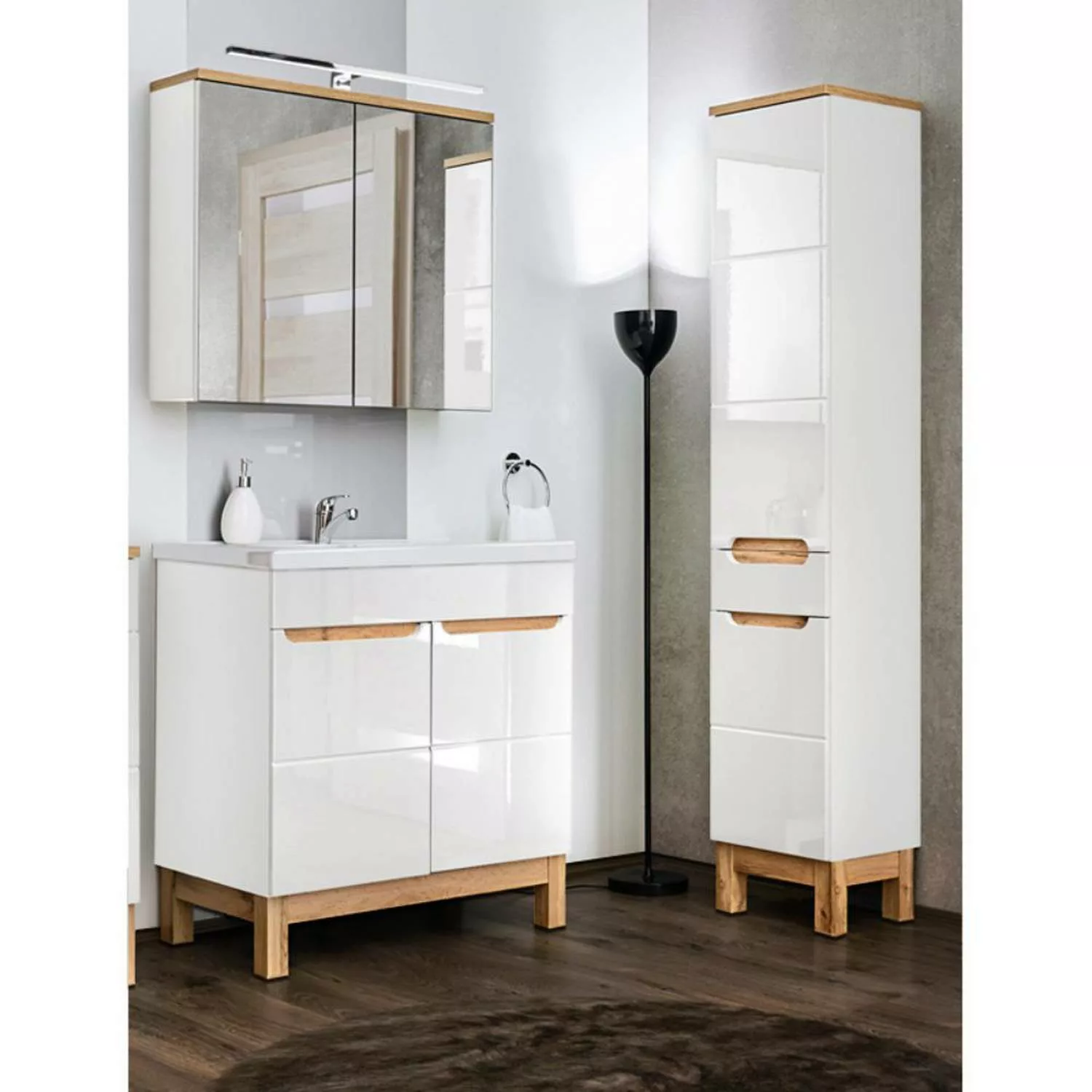 Badezimmer-Set mit 80cm Keramikwaschtisch & LED-Spiegelschrank SOLNA-56 in günstig online kaufen